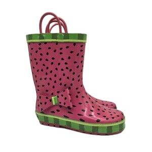 Western Chief Watermelon Whimsy Pink Rain Boots Girls Size 11/12 Green With Bows